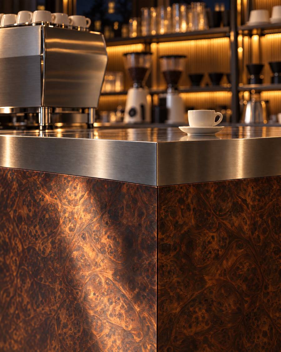 Burl and steel · the bar, side B, night