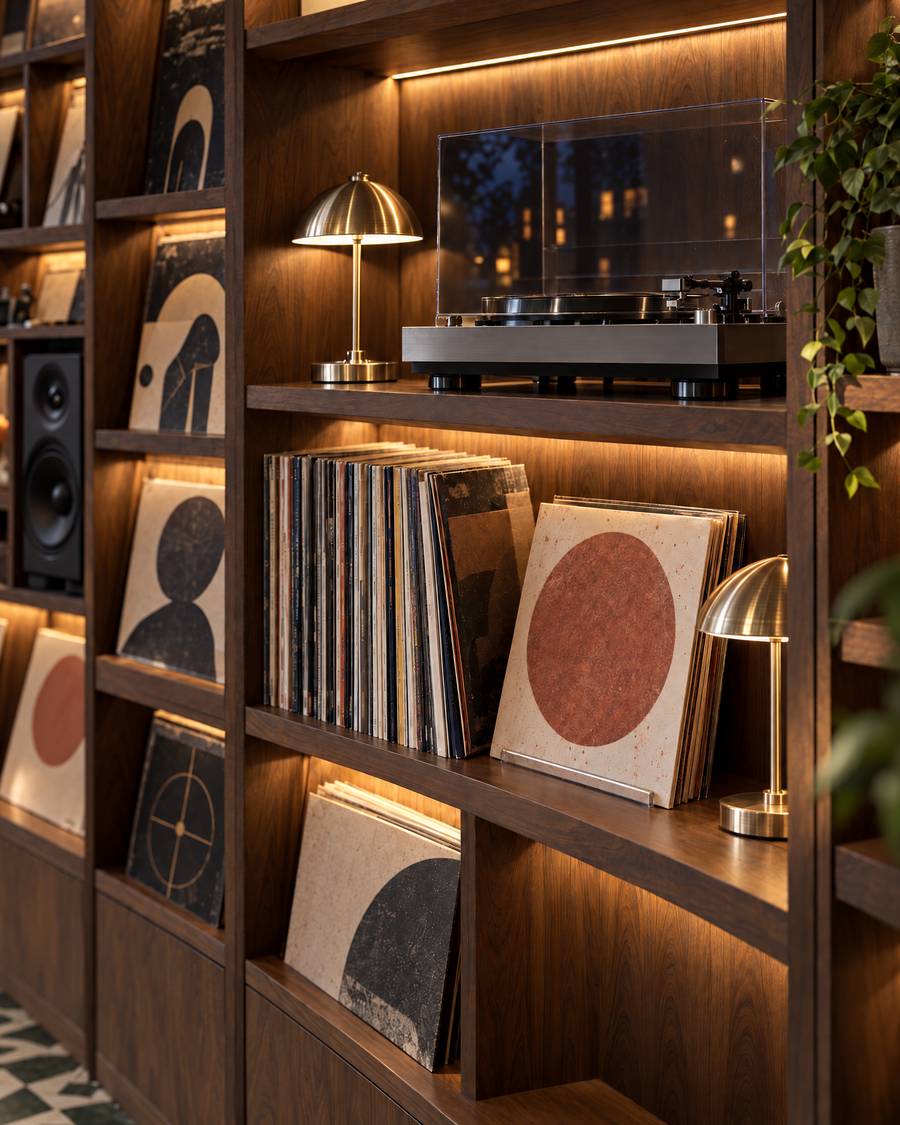 Turntable and sleeves · the record wall, side B, night